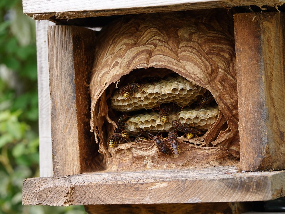 Nest der Europäischen Hornisse: In Hohlräumen: Baumhöhle, Kasten, Dachboden