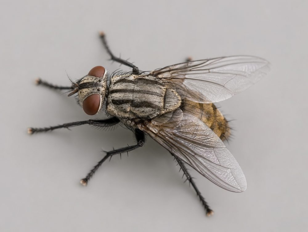 Stubenfliege: Etwa 6 bis 8 mm, grau
